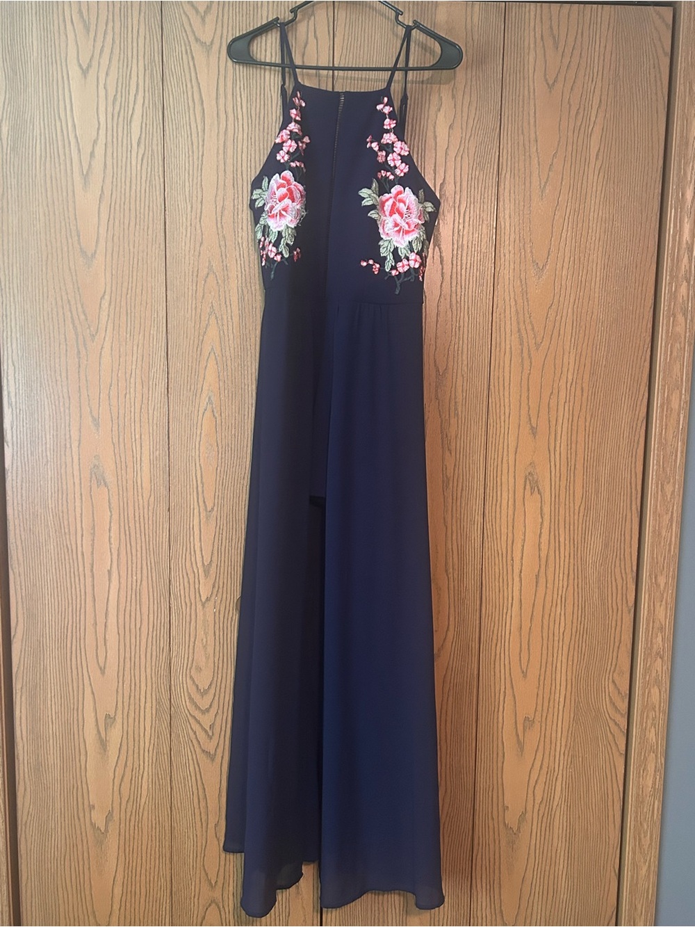 Navy Floral Embroidered Halter Maxi Dress